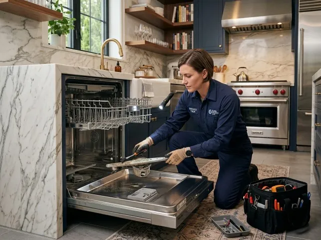 Appliance Repair Hero technician servicing a built-in dishwasher in a Appleton, NY kitchen