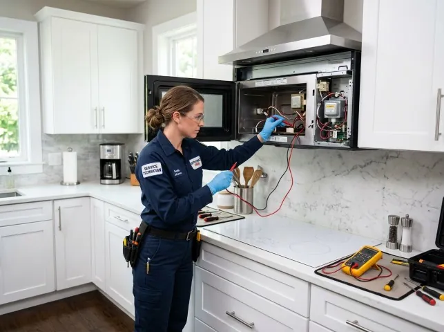 Appliance Repair Hero technician testing an over-the-range microwave in a Appleton, NY kitchen