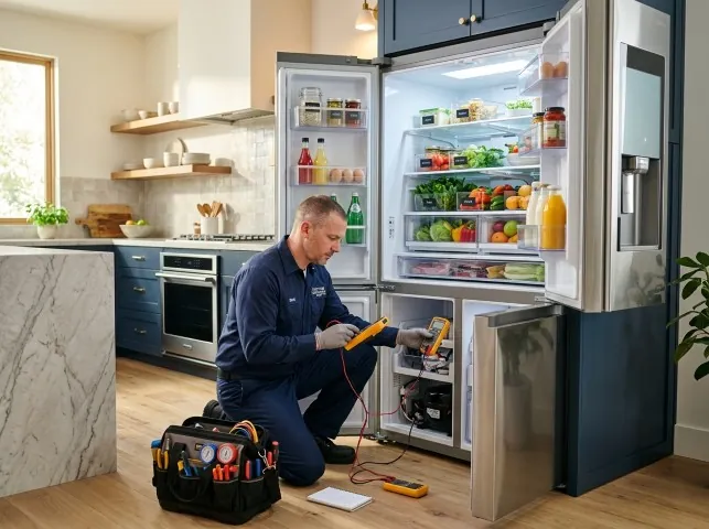 Appliance Repair Hero refrigerator technician testing a fridge on a Appleton, NY service call